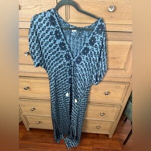 Blue Printed V-Neck Women's Maxi Dress